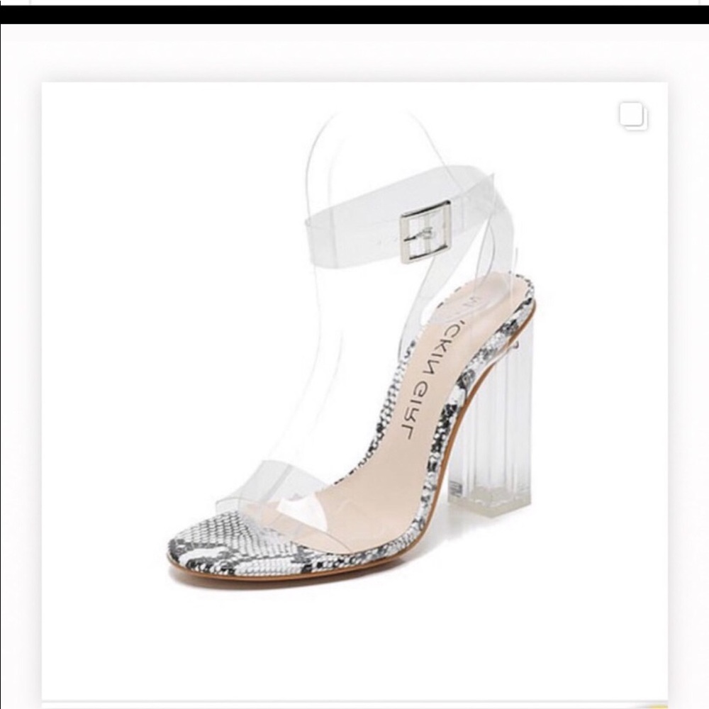 Snake print black and white clear block heels